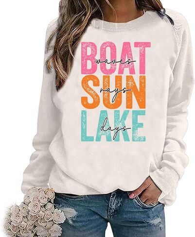 Boat Waves Sun Rays Lake Days Sweatshirt Women Lake Vacation Life Crewneck Sweatshirts in Saudi Arabia