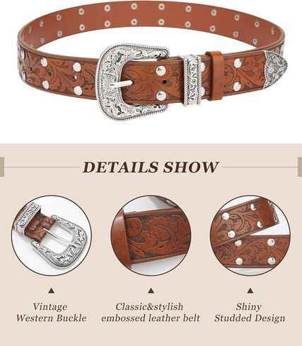 Kajeer Western Belt for Women, Women Cowboy Belt Vintage Engraved Rivet Cowgirl Country PU Leather Belt for Pants Jean in Saudi Arabia