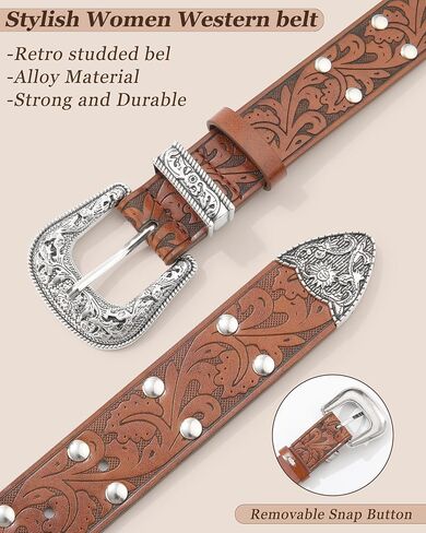 Kajeer Western Belt for Women, Women Cowboy Belt Vintage Engraved Rivet Cowgirl Country PU Leather Belt for Pants Jean in Saudi Arabia
