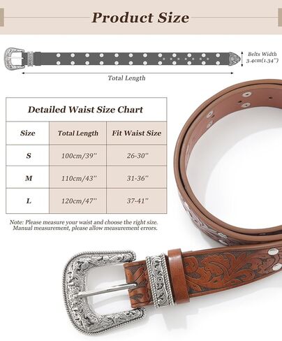 Kajeer Western Belt for Women, Women Cowboy Belt Vintage Engraved Rivet Cowgirl Country PU Leather Belt for Pants Jean in Saudi Arabia