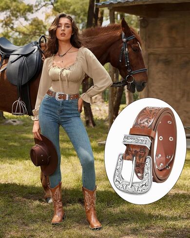 Kajeer Western Belt for Women, Women Cowboy Belt Vintage Engraved Rivet Cowgirl Country PU Leather Belt for Pants Jean in Saudi Arabia