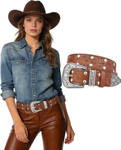 Kajeer Western Belt for Women, Women Cowboy Belt Vintage Engraved Rivet Cowgirl Country PU Leather Belt for Pants Jean in Saudi Arabia