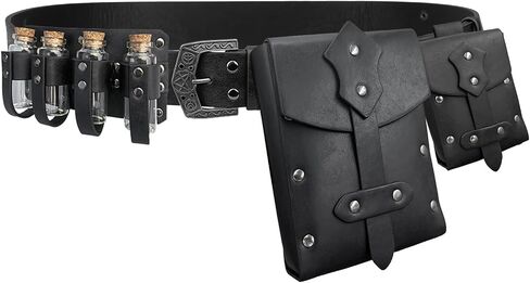 4 PCs Medieval Alchemy Belt Waist Pack Combo with Multiple Potion Bottles, Viking Rivet Belt Side Pouch for Cosplay (Black B) in Saudi Arabia
