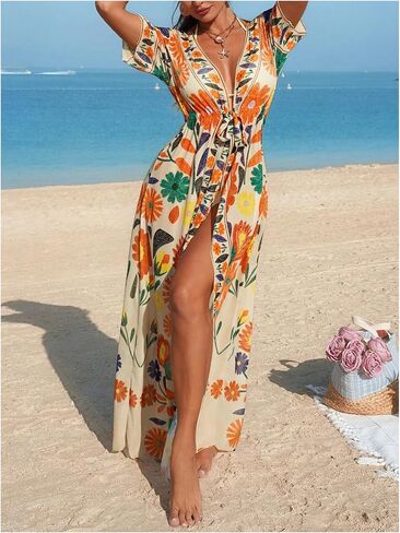 غطاء كيمونو نسائي من SweatyRocks بربطة أمامية على شكل زهور بوهو نصف كم ورقبة عميقة على شكل حرف V لتغطية العطلات على الشاطئ in Kuwait