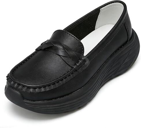 Women's Leather Chunky Platform Loafers with Cross Strap Decoration Comfortable Round Toe Anti-Slip Height-Increasing Wedge Orthopedic Nurse Rocker Shoes for Work Shopping Causal Walking Shoes in Kuwait