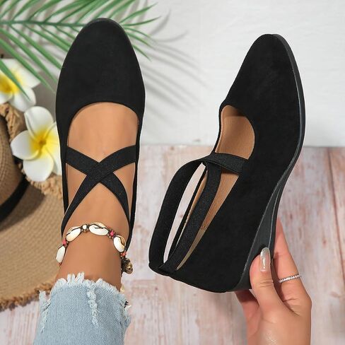 Fashion Women's Lightweight Slip On Wedge Flats, Cross Strap Square Toe Shoes for Party, Date, Casual Evening in Kuwait