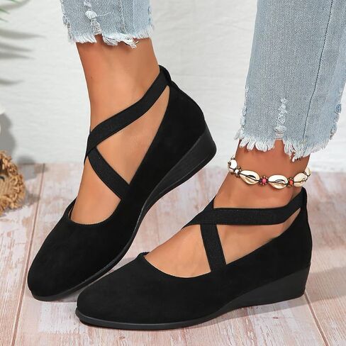 Fashion Women's Lightweight Slip On Wedge Flats, Cross Strap Square Toe Shoes for Party, Date, Casual Evening in Kuwait