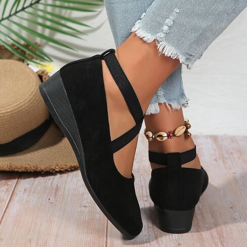 Fashion Women's Lightweight Slip On Wedge Flats, Cross Strap Square Toe Shoes for Party, Date, Casual Evening in Kuwait