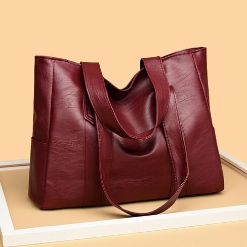 Vintage PU Tote Bag 36x28x10cm - Large Capacity Shoulder Bag for Women, Solid Color Casual Shopping Purse in Kuwait