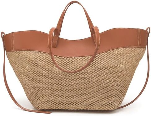 Large Woven Straw Tote Hobo Bag for Women PU Leather Trimmed Shoulder Handbag Casual Summer Beach in Kuwait