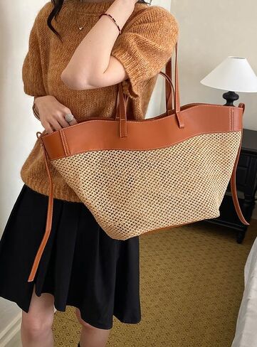 Large Woven Straw Tote Hobo Bag for Women PU Leather Trimmed Shoulder Handbag Casual Summer Beach in Kuwait