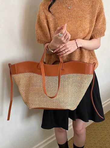 Large Woven Straw Tote Hobo Bag for Women PU Leather Trimmed Shoulder Handbag Casual Summer Beach in Kuwait