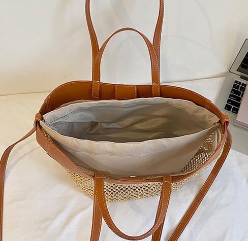 Large Woven Straw Tote Hobo Bag for Women PU Leather Trimmed Shoulder Handbag Casual Summer Beach in Kuwait