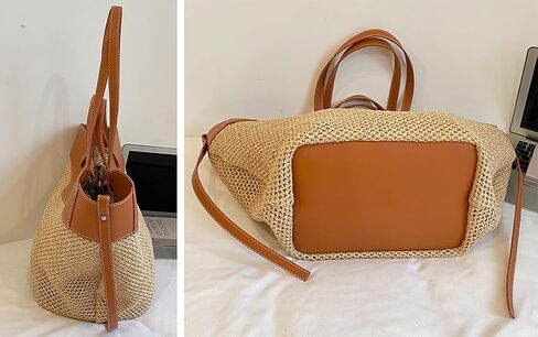 Large Woven Straw Tote Hobo Bag for Women PU Leather Trimmed Shoulder Handbag Casual Summer Beach in Kuwait