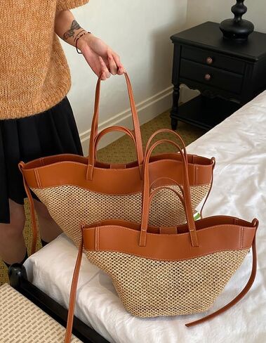Large Woven Straw Tote Hobo Bag for Women PU Leather Trimmed Shoulder Handbag Casual Summer Beach in Kuwait