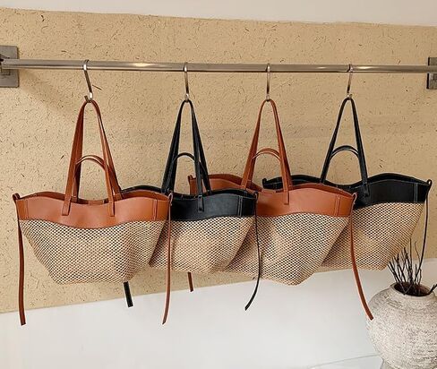 Large Woven Straw Tote Hobo Bag for Women PU Leather Trimmed Shoulder Handbag Casual Summer Beach in Kuwait