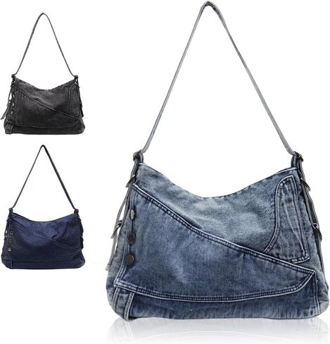 Women's Denim Shoulder Bag, Vintage Crossbody Tote, Large Capacity, 14.6 x 10.6 x 3.9 Inches, Black, Dark Blue, Light Blue | Large Capacity in Saudi Arabia