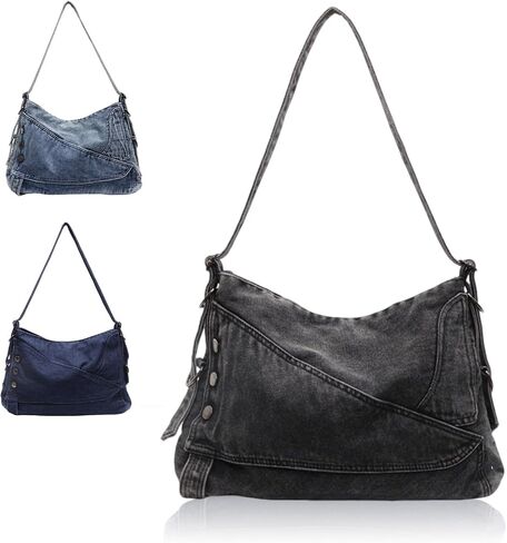 Women's Denim Shoulder Bag, Vintage Crossbody Tote, Large Capacity, 14.6 x 10.6 x 3.9 Inches, Black, Dark Blue, Light Blue | Large Capacity in Kuwait