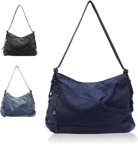 Women's Denim Shoulder Bag, Vintage Crossbody Tote, Large Capacity, 14.6 x 10.6 x 3.9 Inches, Black, Dark Blue, Light Blue | Large Capacity in Kuwait