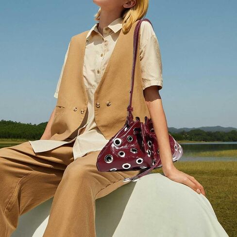 Women Rivet Bucket Handbag Large Capacity Metal Stud Y2K Shoulder Bag PU Leather Drawstring Crossbody Bag in Saudi Arabia