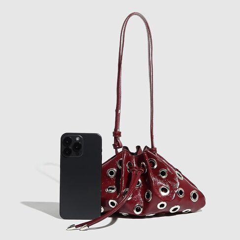 Women Rivet Bucket Handbag Large Capacity Metal Stud Y2K Shoulder Bag PU Leather Drawstring Crossbody Bag in Saudi Arabia