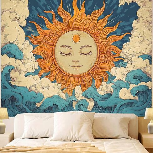 FENDROM Hippie Burning Sun Tapestry Wall Hanging for Bedroom Aesthetic,Vintage India Boho Sunflowers Clounds Constellation Tapestries for Bedroom Living Room Dorm in Saudi Arabia