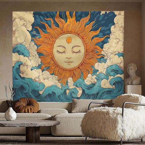 FENDROM Hippie Burning Sun Tapestry Wall Hanging for Bedroom Aesthetic,Vintage India Boho Sunflowers Clounds Constellation Tapestries for Bedroom Living Room Dorm in Saudi Arabia