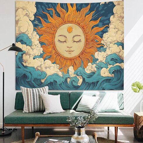 FENDROM Hippie Burning Sun Tapestry Wall Hanging for Bedroom Aesthetic,Vintage India Boho Sunflowers Clounds Constellation Tapestries for Bedroom Living Room Dorm in Saudi Arabia
