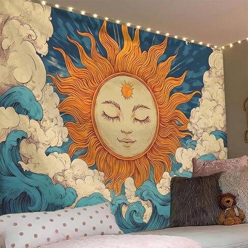 FENDROM Hippie Burning Sun Tapestry Wall Hanging for Bedroom Aesthetic,Vintage India Boho Sunflowers Clounds Constellation Tapestries for Bedroom Living Room Dorm in Saudi Arabia