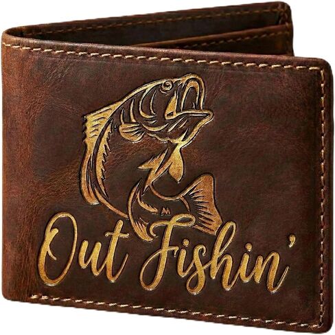 Fishing Wallet for Men – Out Fishin Bifold Wallet, Black Leather Wallet with Bass Fish Engraving, Fisherman Gift for Dad, Husband, Birthday, Father’s Day (Rustic Brown/Gold) in Saudi Arabia