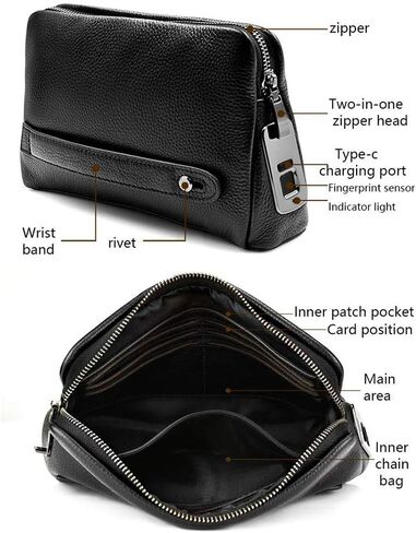 Brrnoo Zipper Wallet, Fingerprint Lock Leather Handbag Wallet, Smart Fingerprint Security Anti Theft Handbag Men Zipper Leather Wallet in Kuwait