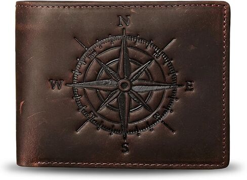 Mens Leather Bifold Wallet, RFID Blocking, Coin Pocket, Coffee | Crazy Horse Leather, Compass Pattern, RFID Blocking, 10 Card Slots, ID Window, 2 Bill Compartments, Coin Pocket, Zip Pocket in Saudi Arabia