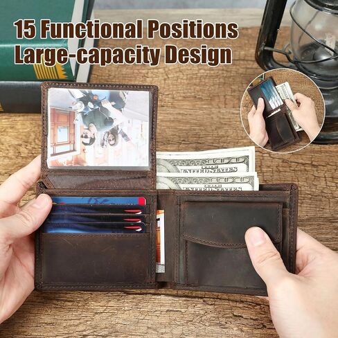 Mens Leather Bifold Wallet, RFID Blocking, Coin Pocket, Coffee | Crazy Horse Leather, Compass Pattern, RFID Blocking, 10 Card Slots, ID Window, 2 Bill Compartments, Coin Pocket, Zip Pocket in Saudi Arabia