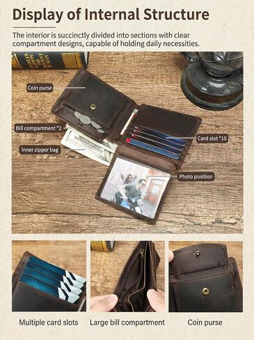Mens Leather Bifold Wallet, RFID Blocking, Coin Pocket, Coffee | Crazy Horse Leather, Compass Pattern, RFID Blocking, 10 Card Slots, ID Window, 2 Bill Compartments, Coin Pocket, Zip Pocket in Saudi Arabia