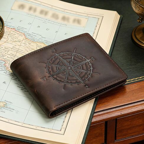 Mens Leather Bifold Wallet, RFID Blocking, Coin Pocket, Coffee | Crazy Horse Leather, Compass Pattern, RFID Blocking, 10 Card Slots, ID Window, 2 Bill Compartments, Coin Pocket, Zip Pocket in Saudi Arabia