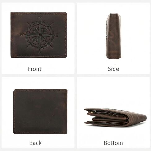 Mens Leather Bifold Wallet, RFID Blocking, Coin Pocket, Coffee | Crazy Horse Leather, Compass Pattern, RFID Blocking, 10 Card Slots, ID Window, 2 Bill Compartments, Coin Pocket, Zip Pocket in Saudi Arabia