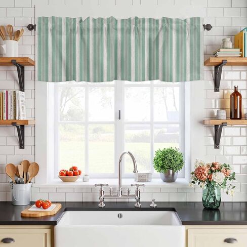 Valances for Windows Living Room/Bedroom, Sage Green Stripes Short Curtains for Kitchen/Bathroom, Farmhouse Striped Modern Abstract Art Rod Pocket Window Treatment 1 Panel 54" x 18" in Saudi Arabia