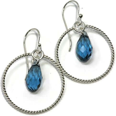 Denim Blue Crystal Briolette Argentium Silver Twisted Hoop Earrings in Saudi Arabia