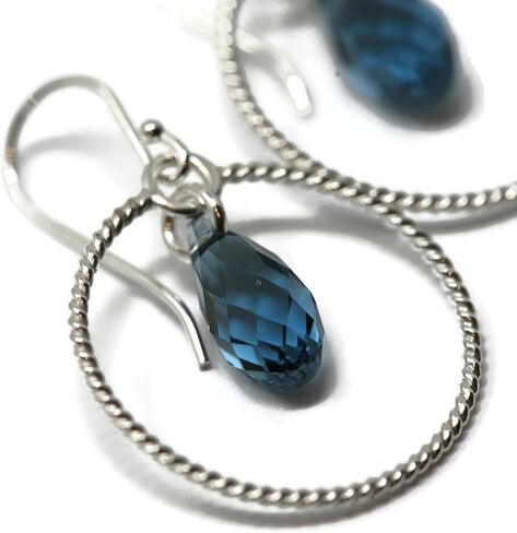 Denim Blue Crystal Briolette Argentium Silver Twisted Hoop Earrings in Saudi Arabia