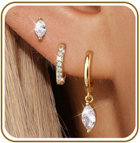 3 Pairs Earrings for Women, Hypoallergenic Small Hoop, Marquise Stud and Dangle Huggie Earrings, Jewelry Gifts for Women in Saudi Arabia