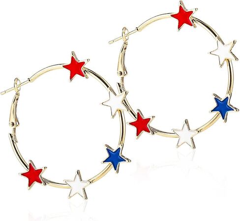 4th of July Gifts Red White Blue Star Hoop Earrings for Women Independent Day Glitter Circle Dangle Earring American Flag Patriotic Earring Holiday Memorial Day Accessories in Kuwait