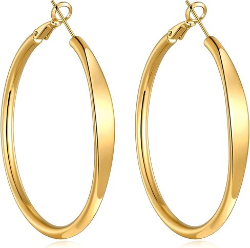 sovesi Flat Edge Chunky Hoop Earrings for Women 14k Gold Plated, 5mm Thick Hoops, Lightweight Hypoallergenic Hoop Earrings in Saudi Arabia