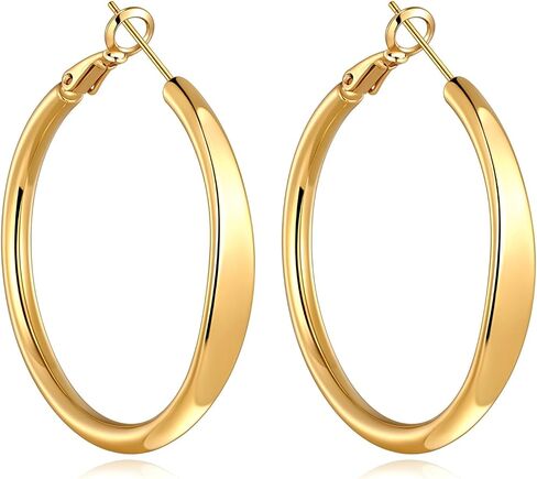 sovesi Flat Edge Chunky Hoop Earrings for Women 14k Gold Plated, 5mm Thick Hoops, Lightweight Hypoallergenic Hoop Earrings in Kuwait