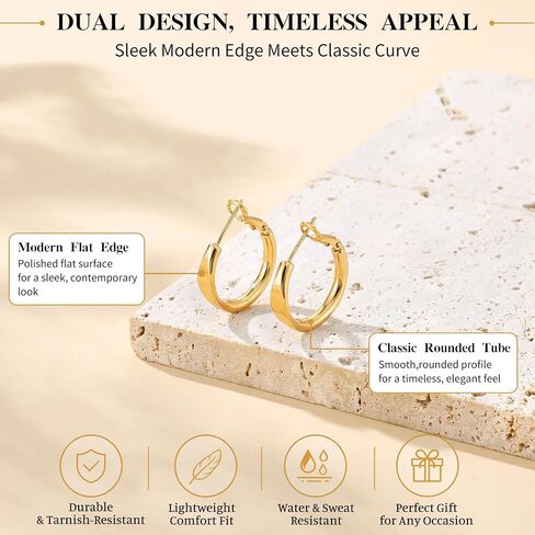 sovesi Flat Edge Chunky Hoop Earrings for Women 14k Gold Plated, 5mm Thick Hoops, Lightweight Hypoallergenic Hoop Earrings in Kuwait