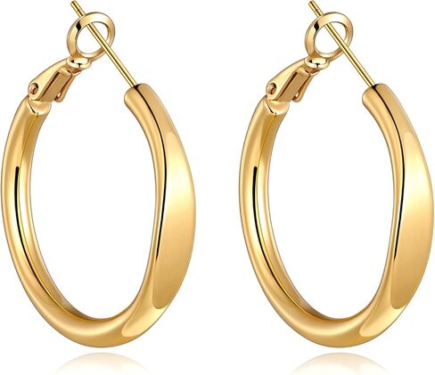 sovesi Flat Edge Chunky Hoop Earrings for Women 14k Gold Plated, 5mm Thick Hoops, Lightweight Hypoallergenic Hoop Earrings in Kuwait