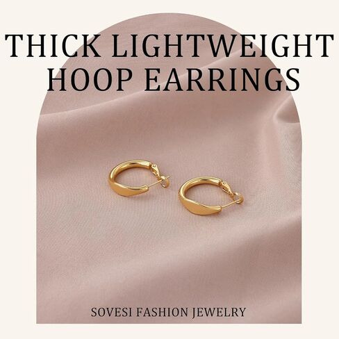 sovesi Flat Edge Chunky Hoop Earrings for Women 14k Gold Plated, 5mm Thick Hoops, Lightweight Hypoallergenic Hoop Earrings in Kuwait
