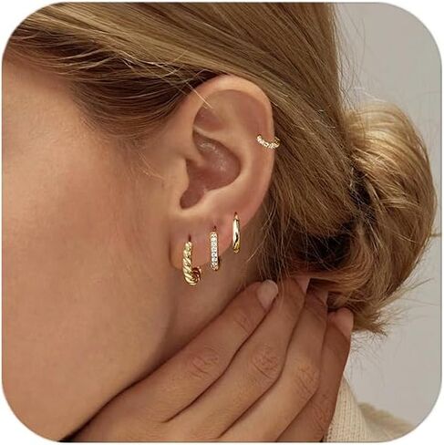 4 Pairs Small Huggie Hoop Earrings for Women, 14k Gold Plated Hypoallergenic Earrings, Lightweight Cartilage Earring stacks, Minimalist Gold Jewelry Gift Set in Saudi Arabia