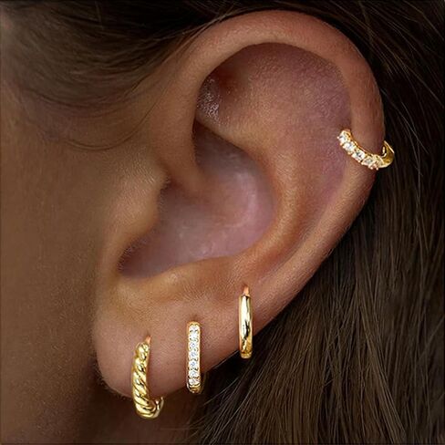 4 Pairs Small Huggie Hoop Earrings for Women, 14k Gold Plated Hypoallergenic Earrings, Lightweight Cartilage Earring stacks, Minimalist Gold Jewelry Gift Set in Saudi Arabia