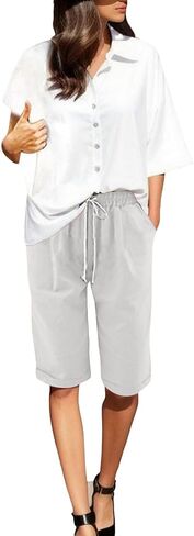 Bermuda Linen Shorts for Women Knee Length Plus Size Dressy Casual Pull On Shorts with Drawstring in Kuwait