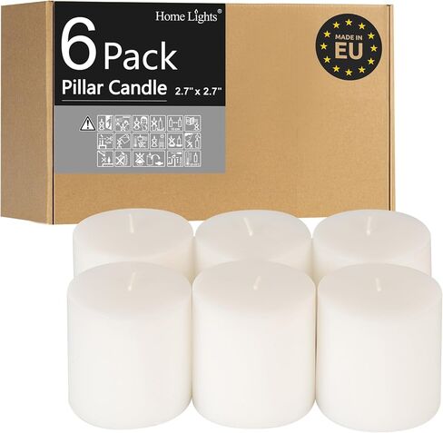 HomeLights Pillar Candles - 2.7x6 inch | 60 Hours Burning, 6 Count - White Unscented Smokeless European Pillar Candles - Perfect for Wedding, Parties, Spas, Home Gatherings and Dinner in Saudi Arabia
